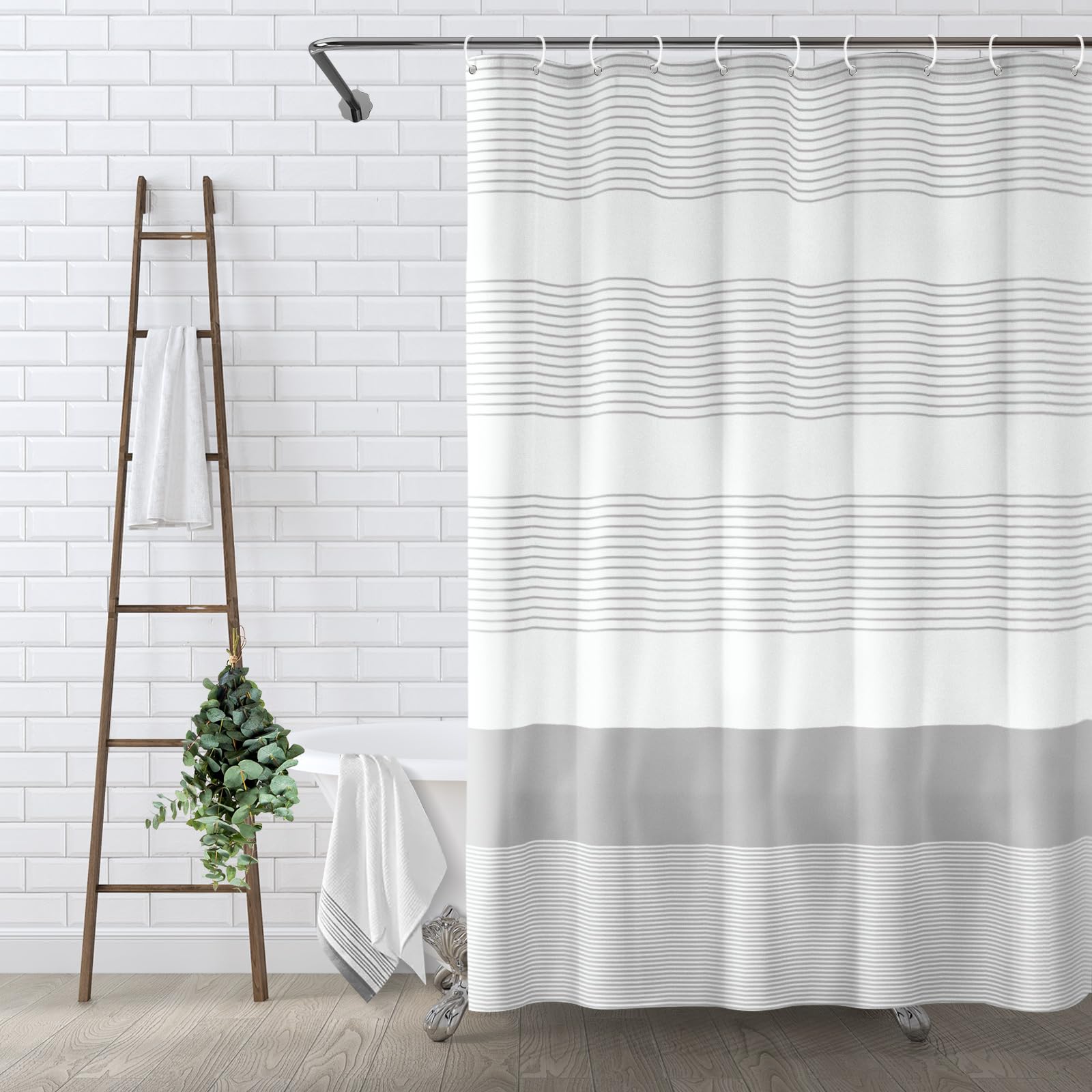 Awellife Boho Gray Shower Curtain For Bathroom Stripe Shower Curtain 72 X 72 Inches Farmhouse Linen Grey